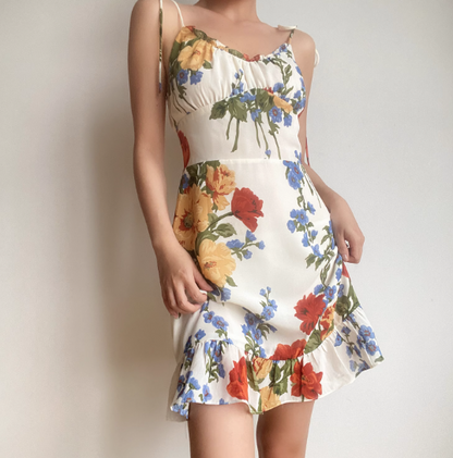 Retro Spaghetti Straps Print Ruffle Short Skirt Wommen Teenage Girl Summer Vacation Dress D2140