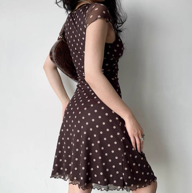Retro A Line V-neck Polka Dot Short Fitted Skirt Women Summer Vacation Dress   D2152