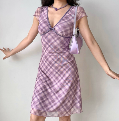 Versatile A line V-neck Checkered Short Skirt Women Teenage Girl Summer Date Dress   D2169