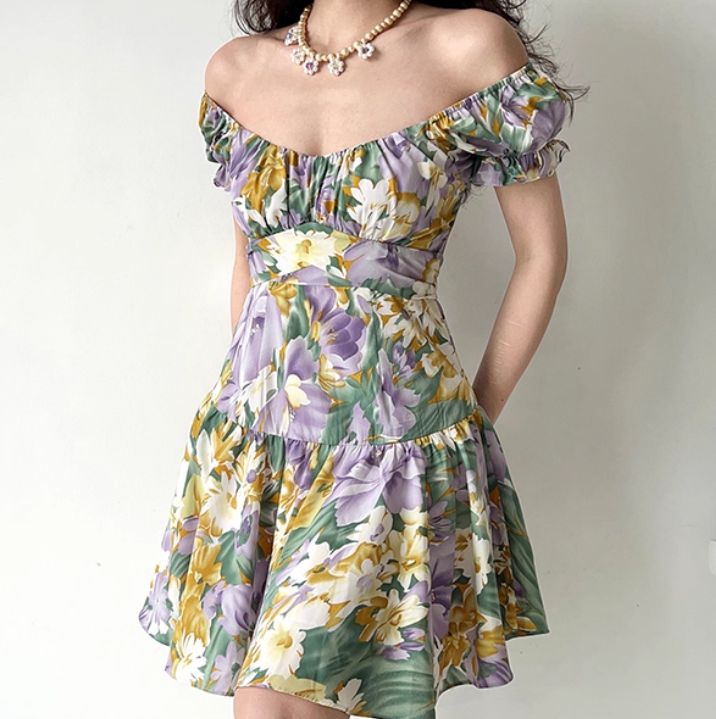 Pretty Square Neck Print Pleated Short Date Skirt Women Teenage Girl Summer Vacation Dress   D2171