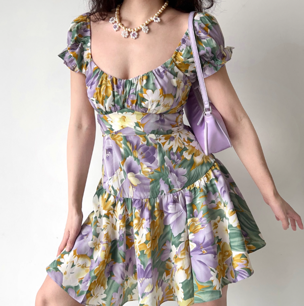 Pretty Square Neck Print Pleated Short Date Skirt Women Teenage Girl Summer Vacation Dress   D2171