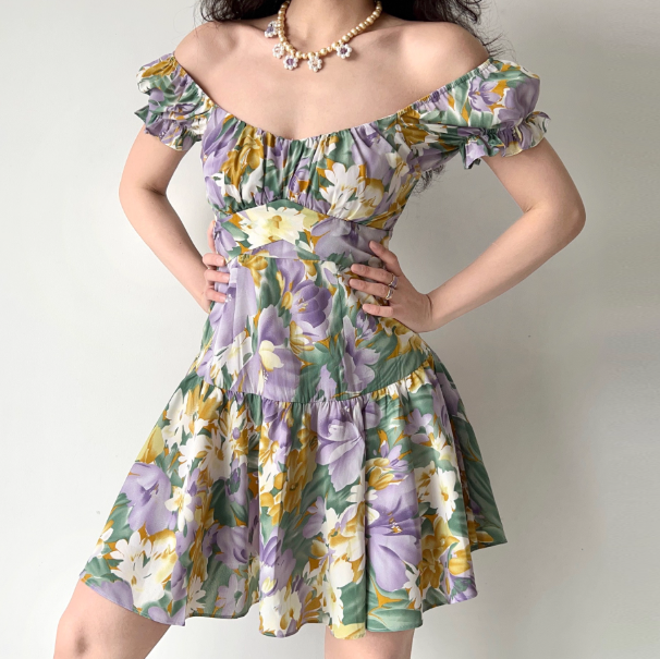 Pretty Square Neck Print Pleated Short Date Skirt Women Teenage Girl Summer Vacation Dress   D2171