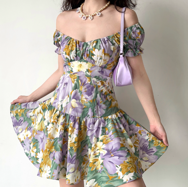 Pretty Square Neck Print Pleated Short Date Skirt Women Teenage Girl Summer Vacation Dress   D2171