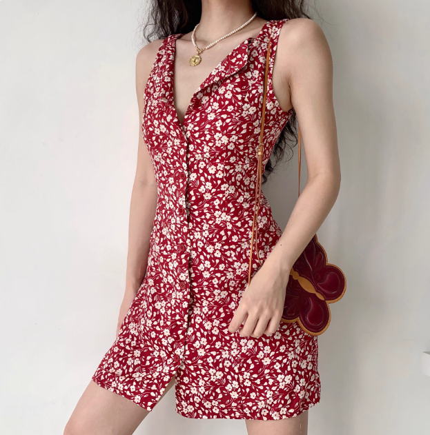Retro A Line V-neck Buttons Print Floral Short Skirt Women Teenage Girl Summer Vacation Dress   D2176