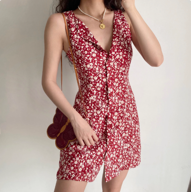Retro A Line V-neck Buttons Print Floral Short Skirt Women Teenage Girl Summer Vacation Dress   D2176