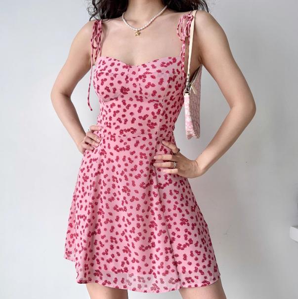 Sweet A Line Spaghetti Straps Print Floral Short Skirt Women Teenage Girl Summer Date Dress Vaccation Dress   D2178