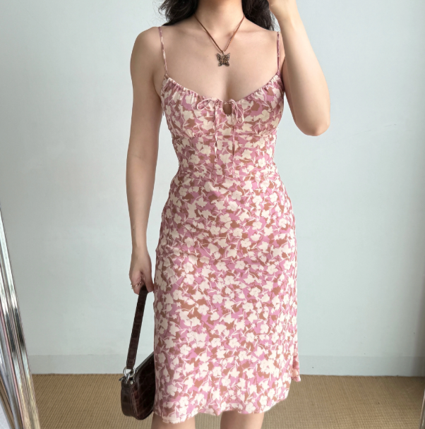 Retro Spaghetti Straps Print Lace up Women Teenage Girl Summer Date Dress Vacation Dress  D2184