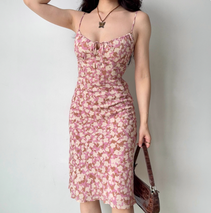 Retro Spaghetti Straps Print Lace up Women Teenage Girl Summer Date Dress Vacation Dress  D2184