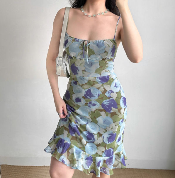 Seaside Spaghetti Straps Lace up Print Flower Ruffle Teenage Girl Women Summer Date Dress Vacation Dress  D2186