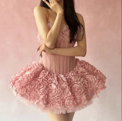Cute Strapless Flower Short Prom Dress Back to School Outfits Homecoming Dress Sweet 16 Dress Party Dress  D2199