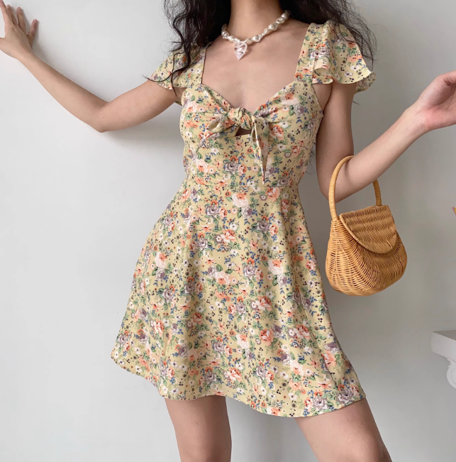 Cute Summer Dress A Line Lace up Print Short Skirt Women Teenage Girl Dress Vacation Outfits  D2267