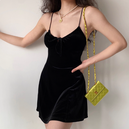 Sexy Black Dress Spaghetti Straps Velvet Short Skirt Women Teenage Girl Date Dress  D2273