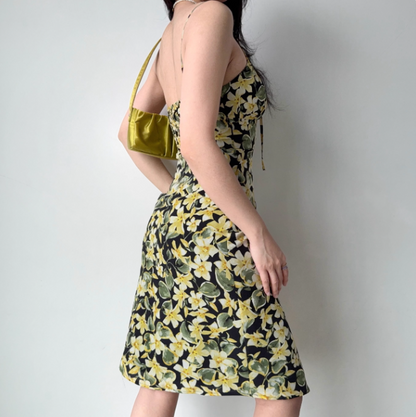 Retro Summer Dress Spaghetti Straps Lace up Floral Short Skirt Women Teenage Girl Vacation Date  Dress D2279