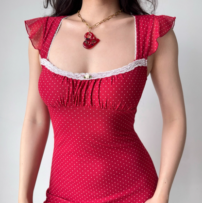 Cute Summer Dress Square Neck Polka Dot Short Skirt Women Teenage Girl Vacation Seaside Date Dress  D2281