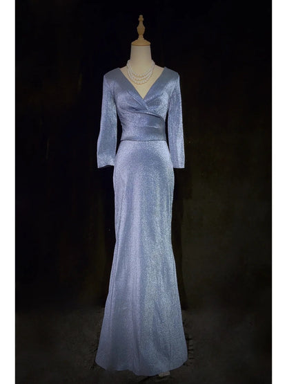 Shiny Prom Dress V-neck Long Sleeves Pleated Prom Gown Evening Dress Business Dinner Dress Gala Dress D2342