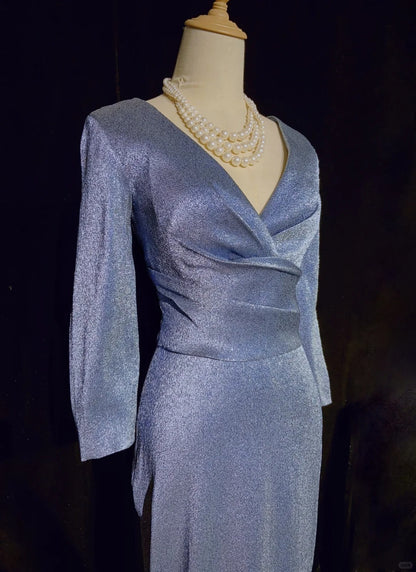 Shiny Prom Dress V-neck Long Sleeves Pleated Prom Gown Evening Dress Business Dinner Dress Gala Dress D2342