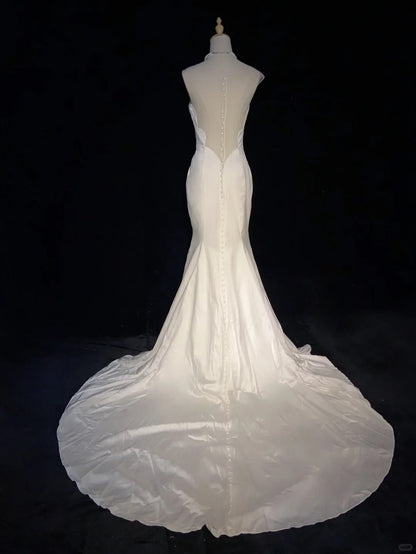 Minimalist Wedding Dress White Crew Neck Backless Mermaid Prom Gown Gala Dress Wedding Dress Evening Dress   D2354