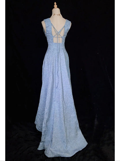 Shiny Prom Dress V-neck Backless Hi-lo Hem Prom Gown Gala Dress Business Dinner Dress Evening Dress   D2355
