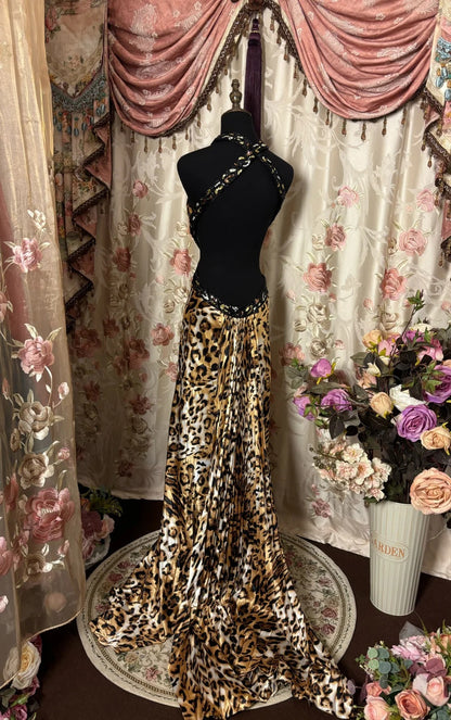 Sexy Prom Dress Halter Backless Leopard Print Long  Prom Dress Evening Dress Gala Dress Party Dress  D2403