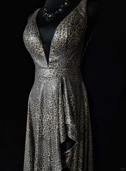 Sexy Prom Dress V-neck Backless Leopard Print Long Prom Gown Evening Dress Gala Dress Business Dinner Dress  D2429
