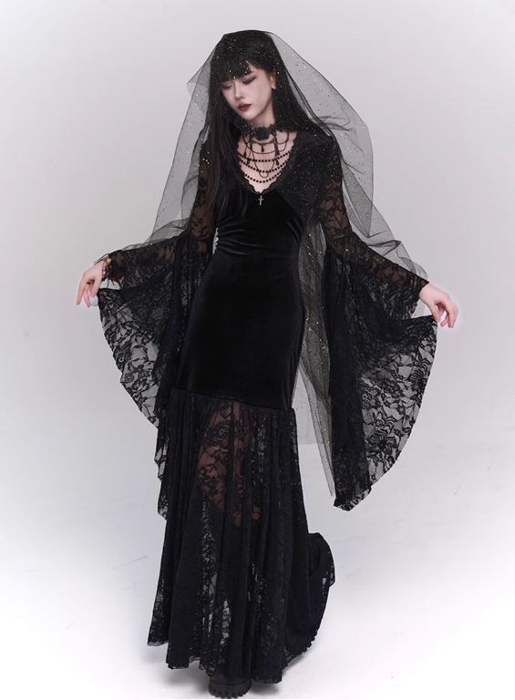 Newest Halloween Costume Black Women Teenage Girl Dress Long Sleeves Gothic Dress Party Dress    D2458