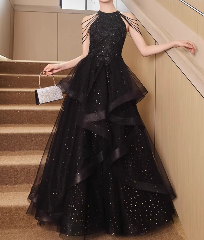 Shiny Prom Dress Crew Neck Tulle Prom Gown Evening Dress Party Dress Dancing Dress D2496