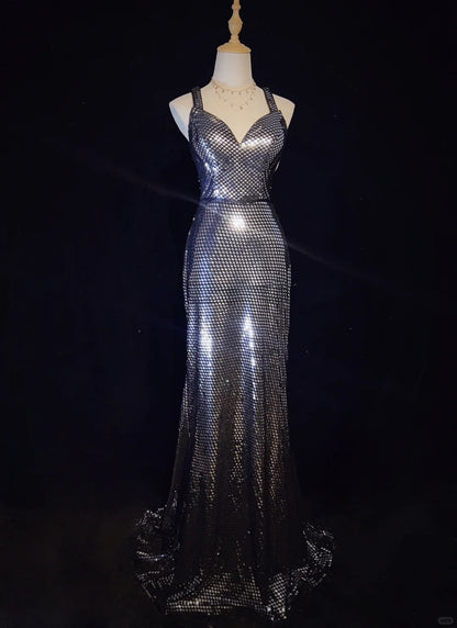 Shiny Prom Dress Spaghetti Straps Backless Prom Gown Evening Gala Dress  D2521