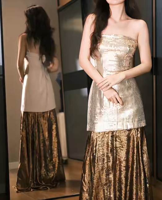 Shiny Prom Dress Strapless Floor Length Prom Dress Evening Dress Gala Dress  D2544