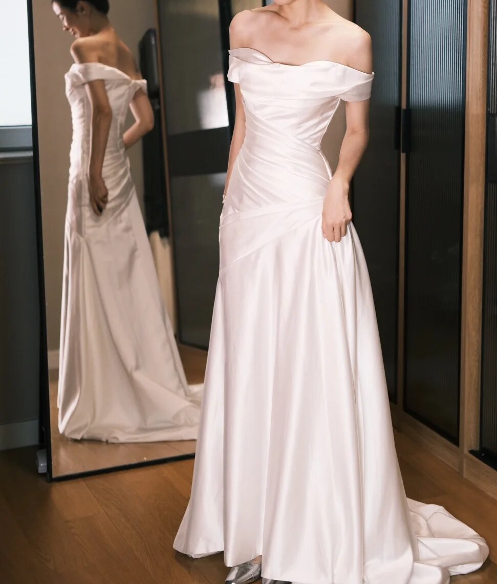 Elegant Prom Dress White Off Shoulder Pleated Prom Dress Evening Dress Gala Dress  D2556