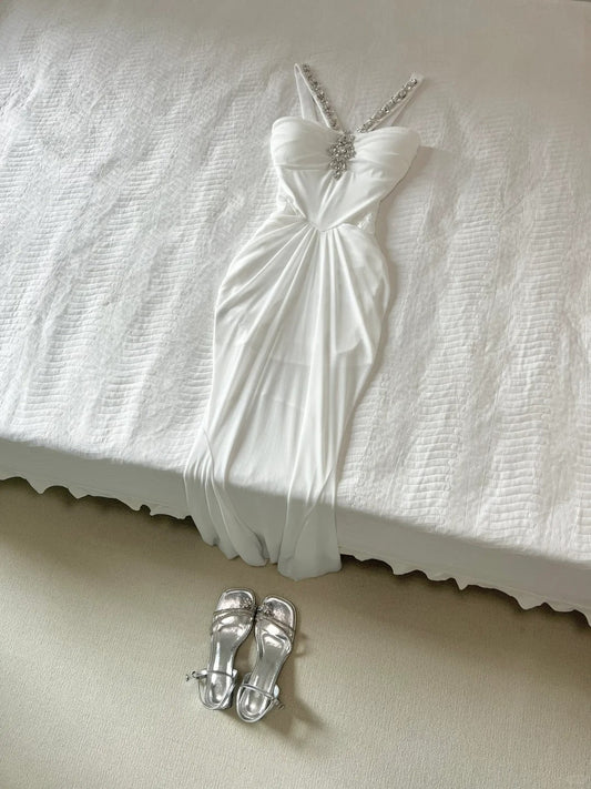 Elegant Prom Dress White Spaghetti Straps Crystal Pleated Prom Dress Party Dress  D2578