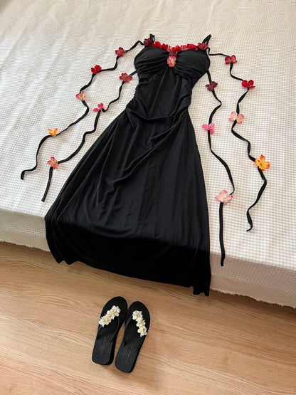Pretty Prom Dress Black Spaghetti Straps Flower Prom Dress Party Dress   D2588