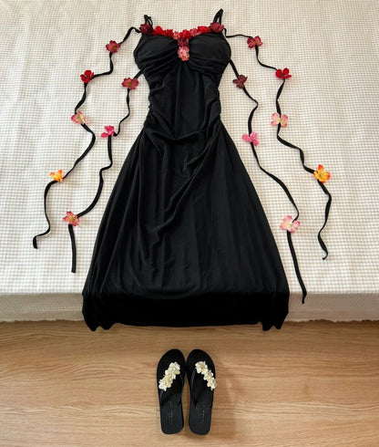 Pretty Prom Dress Black Spaghetti Straps Flower Prom Dress Party Dress   D2588