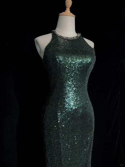 Shiny Prom Dress Crew Neck Sequins Slit Prom Dress Birthday Party Dress Evening Dresses     D2594