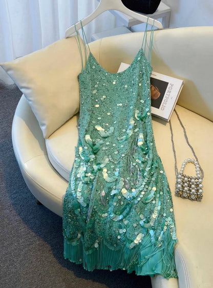 Shiny Women Dress Spaghetti Straps Sequins Beading Short Dress Party Dresses     D2693