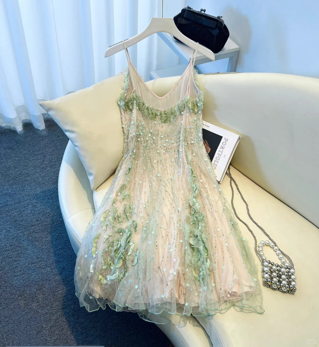 Shiny Summer Dress Spaghetti Straps Sequins Ruffle Short Woman Dress Party Dresses   D2694