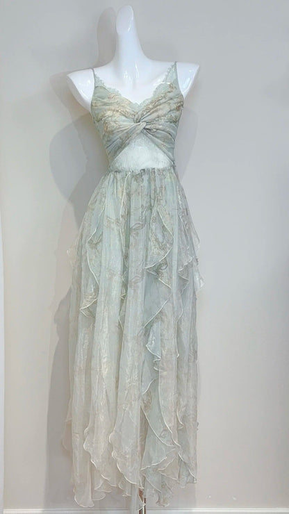Pretty Prom Dress V-neck Pleated Print Gala Dress Evening Dress    D2728