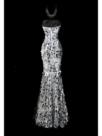 Shiny Prom Dress Strapless Sequins Mermaid Prom Gown Evening Dress Gala Dress    D2775
