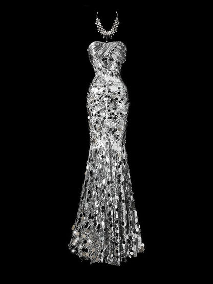 Shiny Prom Dress Strapless Sequins Mermaid Prom Gown Evening Dress Gala Dress    D2775
