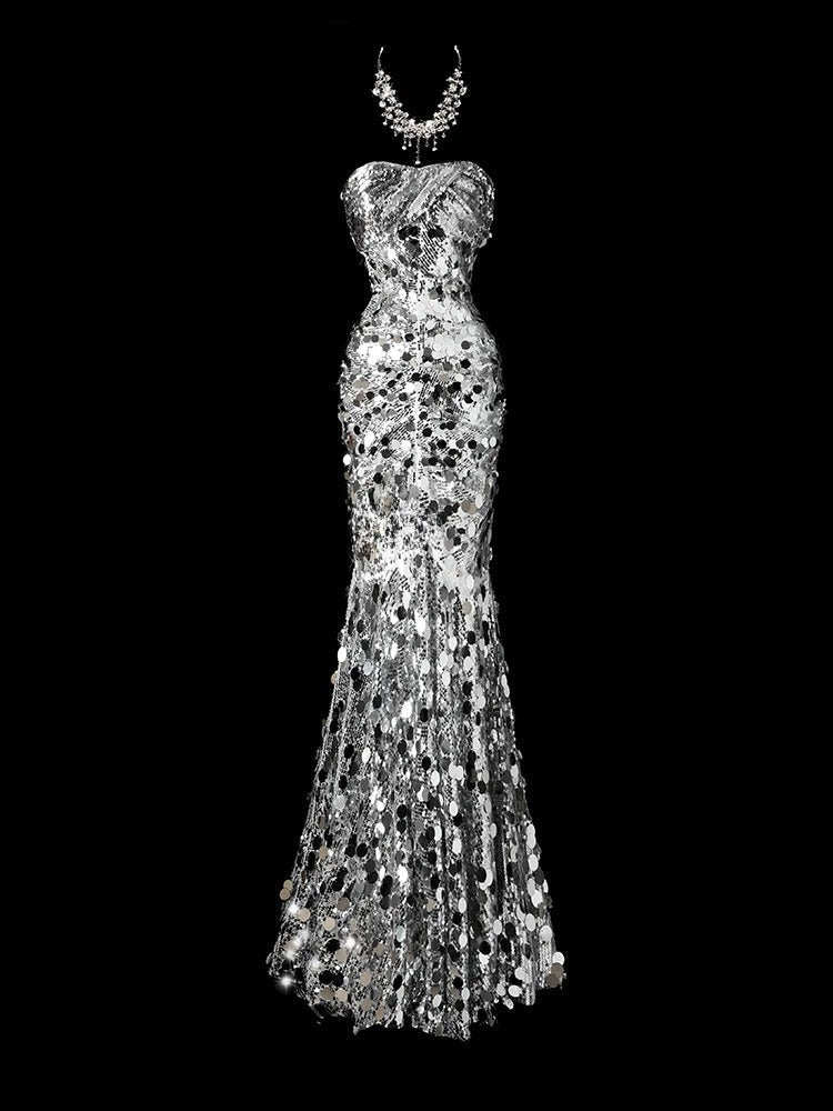 Shiny Prom Dress Strapless Sequins Mermaid Prom Gown Evening Dress Gala Dress    D2775