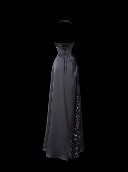 Shiny Prom Dress Black A Line Halter Pleated Evening Dress Gala Dress  D2794