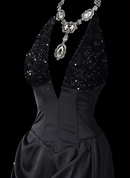 Shiny Prom Dress Black A Line Halter Pleated Evening Dress Gala Dress  D2794