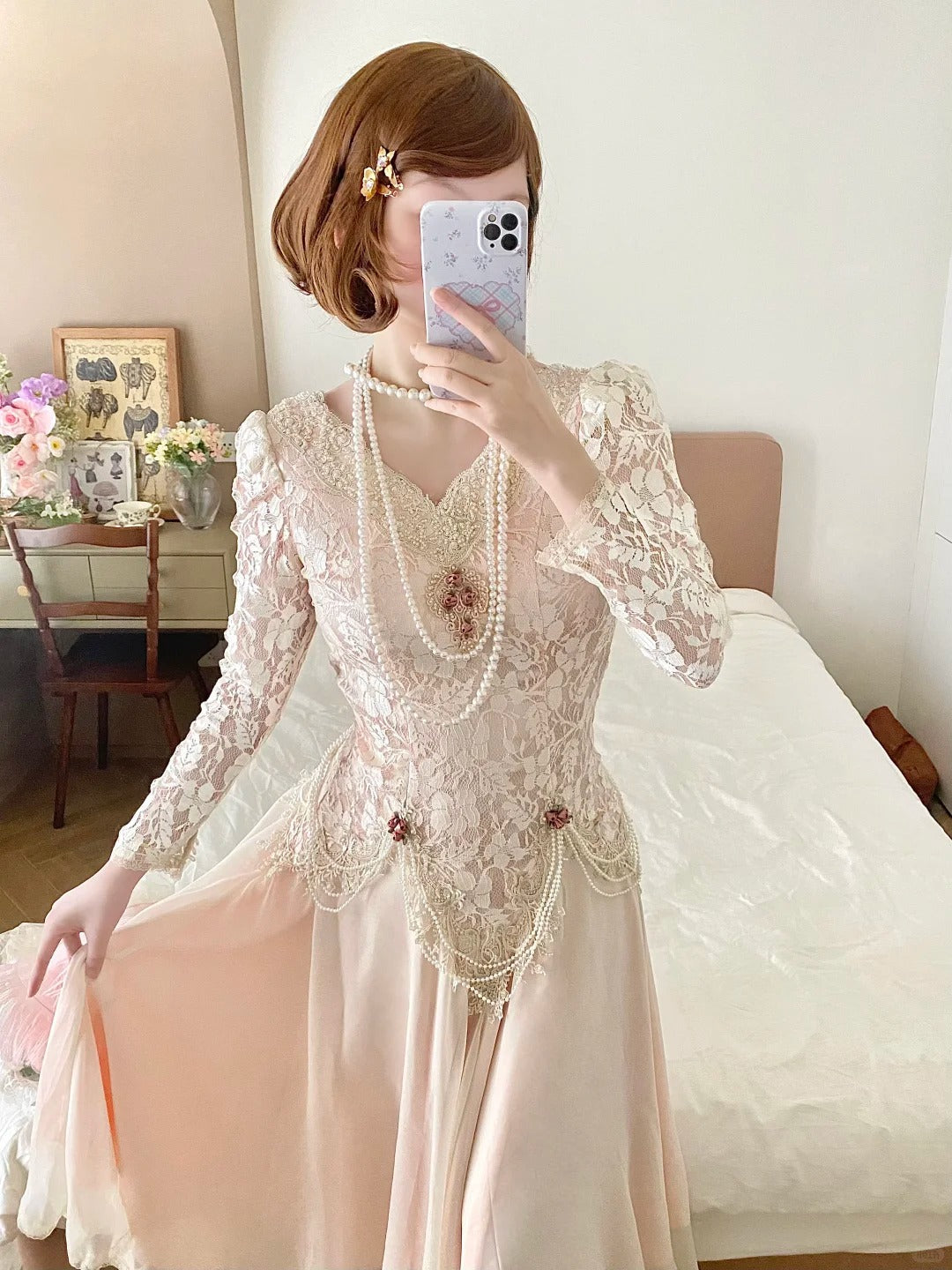 Elegant Prom Dress V-neck Pleated Lace Date Dress Party Dress  D2859
