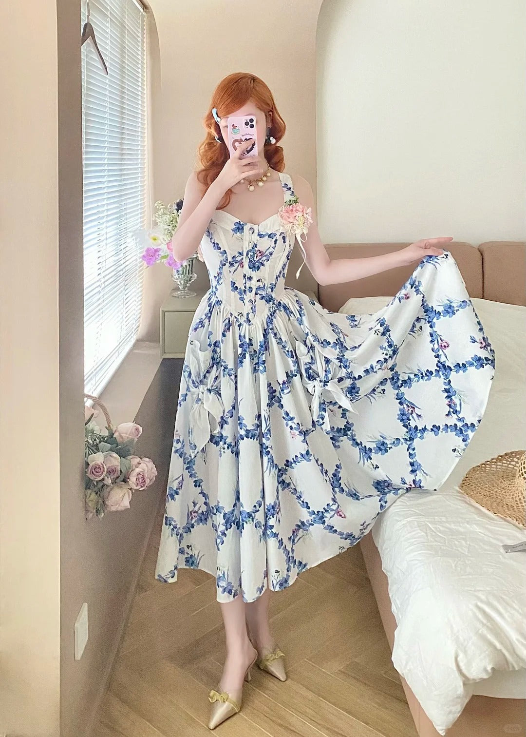 Charming Summer Dress A Line Spaghetti Straps Pleated Print Women Date Dress Vacation Dress  D2860