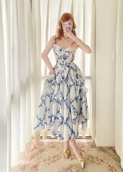 Charming Summer Dress A Line Spaghetti Straps Pleated Print Women Date Dress Vacation Dress  D2860