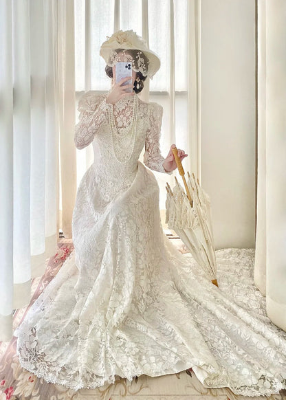 Elegant A Line High Collar Lace Wedding Dress  D2861