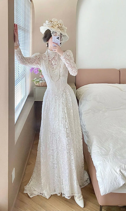 Elegant A Line High Collar Lace Wedding Dress  D2861