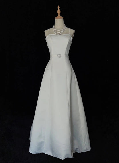 Minimalist A Line Spaghetti Straps Wedding Dress    D2892