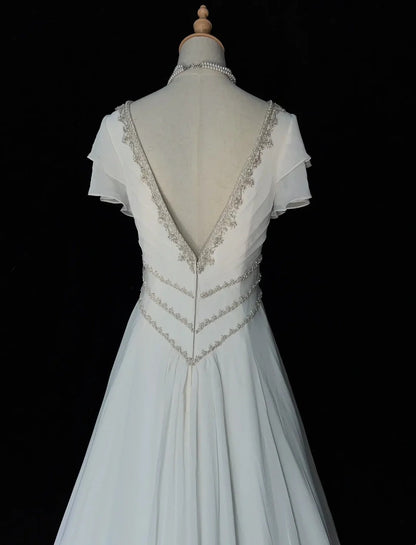 Elegant A Line V-neck Pleated Beading Wedding Dress  D2897