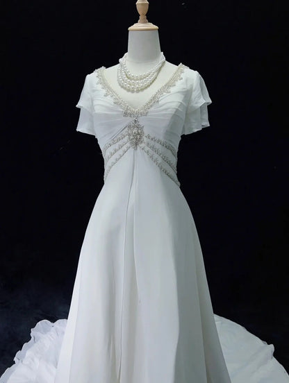 Elegant A Line V-neck Pleated Beading Wedding Dress  D2897