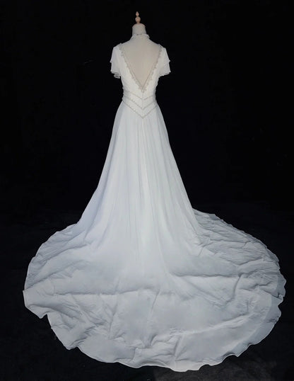 Elegant A Line V-neck Pleated Beading Wedding Dress  D2897